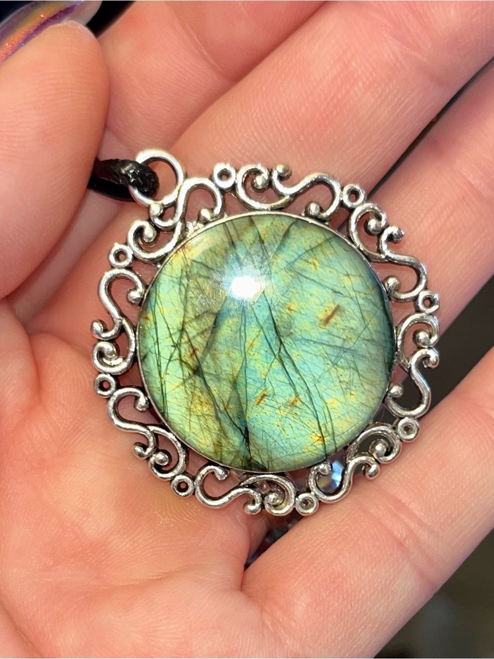 Blue Green Labradorite Silver tone Filigree Pendant 26 mm sparkly magic